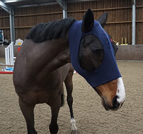 Ruggles Lycra-Fliegenmaske zum Überziehen für Pferd und Pony, Netz-Augen und Ohren, 4-Wege-Stretch für hohen Komfort, keine Schnallen oder Riemen, Größe M, Marineblau von Ruggles