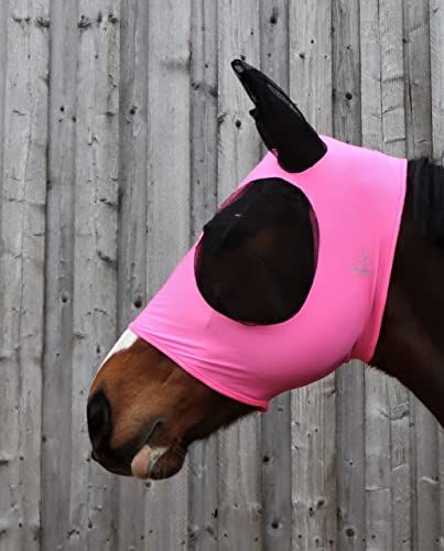 Ruggles Lycra-Fliegenmaske zum Überziehen für Pferd und Pony, Netz-Augen und Ohren, 4-Wege-Stretch für hohen Komfort, keine Schnallen oder Riemen (L, Hellrosa) von Ruggles