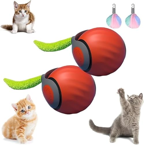 RuiDay 2 Stück Interaktives Katzenspielzeug, Automatischer 360 Grad Katzenspielzeug Selbstbeschäftigung, Interaktiver Spielball für Katzen mit 2 Schwänze (Orange) von RuiDay