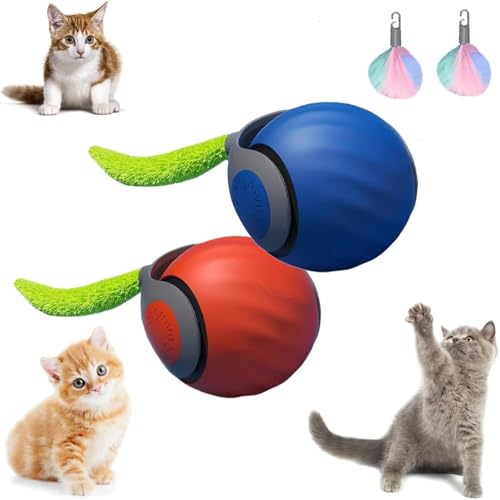 RuiDay 2 Stück Interaktives Katzenspielzeug, Automatischer 360 Grad Katzenspielzeug Selbstbeschäftigung, Interaktives Katzenspielzeug, Interaktiver Spielball für Katzen mit 2 Schwänze (Blau+Orange) von RuiDay