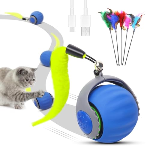 RuiDay Interactive Cat Ball Toy, Cat Toy Bird Flying Bird, with 5Pcs Feather Toys, Automatic Moving Ball Toy for Indoor, Anti Depression Pet Toy, Speed Adjustable (Blue+Cat Teaser) von RuiDay