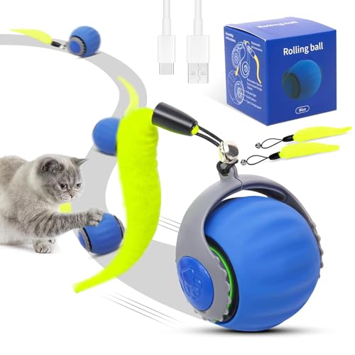 RuiDay Interaktiver Ball für Katzen, automatischer Katzenball, elektrischer Katzenspielzeug, 3 Arbeitsmodi, austauschbarer Schwanz, interaktives Katzenspielzeug (Blau-1 Stück) von RuiDay