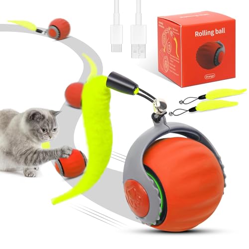 RuiDay Interaktiver Ball für Katzen, automatischer Katzenball, elektrischer Katzenspielzeug, 3 Arbeitsmodi, austauschbarer Schwanz, interaktives Katzenspielzeug (Orange-1 Stück) von RuiDay