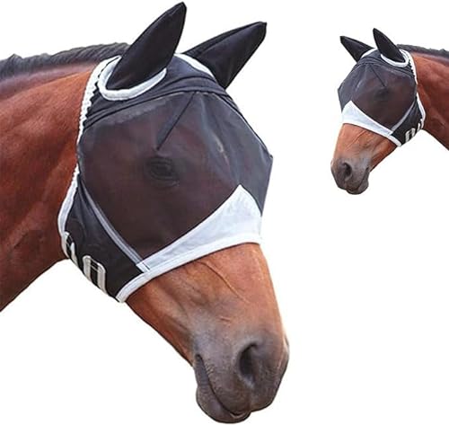 Fliegenmasken für Pferde mit Ohren, Fliegenmaske Pferd uv Schutz, Atmungsaktive Pferdemaske Anti Moskito (Schwarz, L) von Ruikcoll