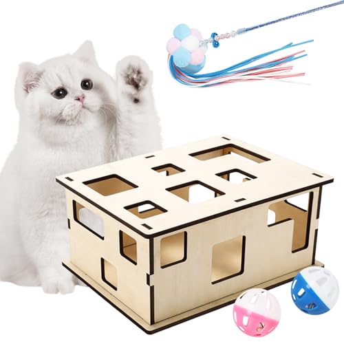 Katzenspielzeug Selbstbeschäftigung, Interaktives Katzenspielzeug Box Katzen Intelligenzspielzeug mit Federn & Interaktiven Bällen Cat Futterspiel Kann mit Snacks und Spielzeug Verwendet Werden von Ruikdly