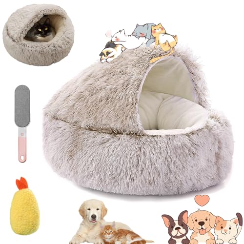 Lapcatz, Lapcatz-Nest für kleine Haustiere, Pursnug beruhigende gemütliche Höhle, Katzenbetten mit Kapuze für Hauskatzen, Höhle und beruhigende Hundebetten (Brown - short plush, L(60*60cm)) von Ruileyou