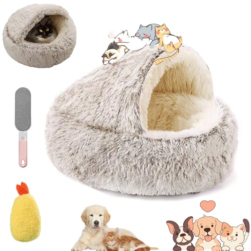 Ruileyou Lapcatz, Lapcatz-Nest für kleine Haustiere, Pursnug beruhigende gemütliche Höhle, Katzenbetten mit Kapuze für Hauskatzen, Höhle und beruhigende Hundebetten (Brown - Long Plush, L(60 * 60cm)) von Ruileyou