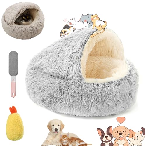 Ruileyou Lapcatz, Lapcatz-Nest für kleine Haustiere, Pursnug beruhigende gemütliche Höhle, Katzenbetten mit Kapuze für Hauskatzen, Höhle und beruhigende Hundebetten (Grey - Long Plush, L(60 * 60cm)) von Ruileyou