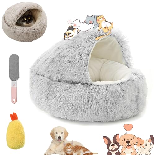 Ruileyou Lapcatz, Lapcatz-Nest für kleine Haustiere, Pursnug beruhigende gemütliche Höhle, Katzenbetten mit Kapuze für Hauskatzen, Höhle und beruhigende Hundebetten (Grey - Short Plush, L(60 * 60cm)) von Ruileyou