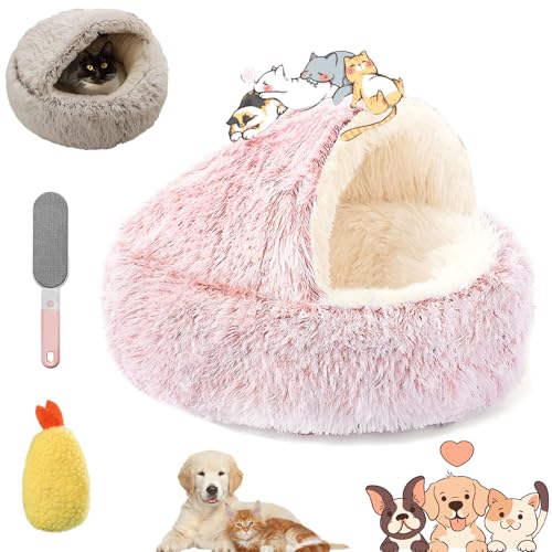 Ruileyou Lapcatz, Lapcatz-Nest für kleine Haustiere, Pursnug beruhigende gemütliche Höhle, Katzenbetten mit Kapuze für Hauskatzen, Höhle und beruhigende Hundebetten (Pink - Long Plush, L(60 * 60cm)) von Ruileyou