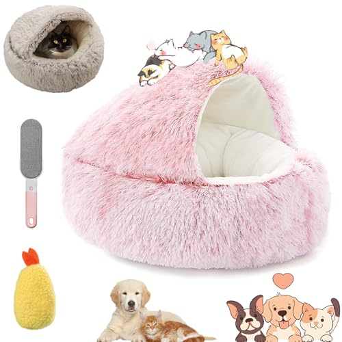 Ruileyou Lapcatz, Lapcatz-Nest für kleine Haustiere, Pursnug beruhigende gemütliche Höhle, Katzenbetten mit Kapuze für Hauskatzen, Höhle und beruhigende Hundebetten (Pink - Short Plush, L(60 * 60cm)) von Ruileyou