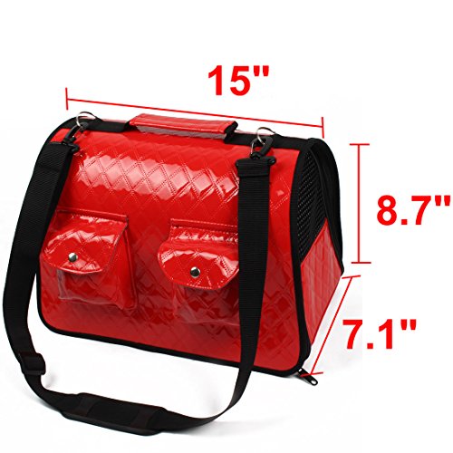 Ruilogod Faux Leder Outdoor Faltbare Mähmaschine Weiche Reißverschluss Zwei Taschen Design Pet Hundeträger Käfig Handtasche Rot von Ruilogod