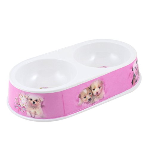 Ruilogod Rosa weißer Feeder Lebensmittel Wasser Dual Bowl Teller für Hundekatze Haustier von Ruilogod