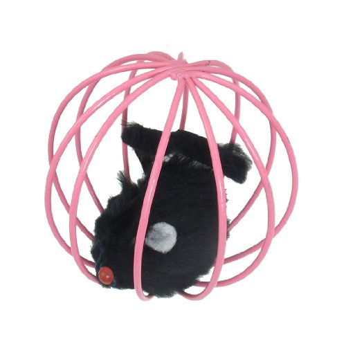 Ruilogod Schwarze kleine Faux-Maus in der rosa Metallkäfig-Design-Haustier-Katze, die Spielzeug spielt von Ruilogod