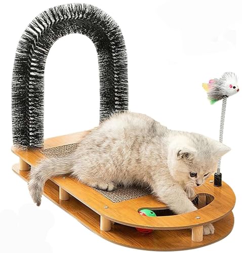 Katzenbürste,Kratzbrett Katzen,4 In 1Kratzbogen mit Kratzmatten,Katzen Pflegegerät mit Kratzpad,Karton-Katzenkratzer mit Glöckchen, Katzen-Massagegerät, Haustierbürste mit interaktive Maus-Spielzeug von Rukuapid