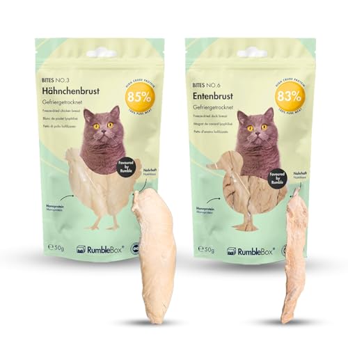 Gefriergetrocknete Katzensnacks – RumbleBox Sparbox Genussbissen, 100% ganze Hühner- & Entenbrust – natürliche Zahnpflege für Katzen, gesunde Katzenleckerlis ohne Zusätze – 2x50g von RumbleBox