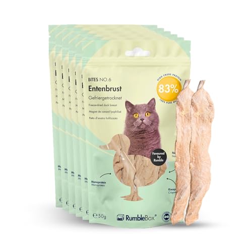 Gefriergetrocknete Katzensnacks – RumbleBox XXL Sparbox Entenbrust, 100% ganze Entenbrust, natürliche Zahnputzflocken für Katzen, gesunde Katzen Snacks ohne künstliche Zusätze – 6x50g von RumbleBox