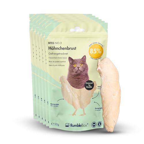 Gefriergetrocknete Katzensnacks – RumbleBox XXL Sparbox Hähnchenbrust, 100% ganze Hühnerbrust, natürliche Zahnputzflocken für Katzen, gesunde Katzen Snacks ohne künstliche Zusätze – 6x50g von RumbleBox