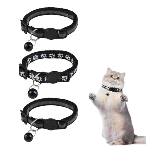 3 Stück Reflektierend Katzenhalsband mit Sicherheitsverschluss und Glöckchen, Katze Halsband Befreiungs-Klickschnalle Satz Verstellbar Kitten Sicherheitshalsband Katzen Halsbänder, 19-32cm von Rumgug