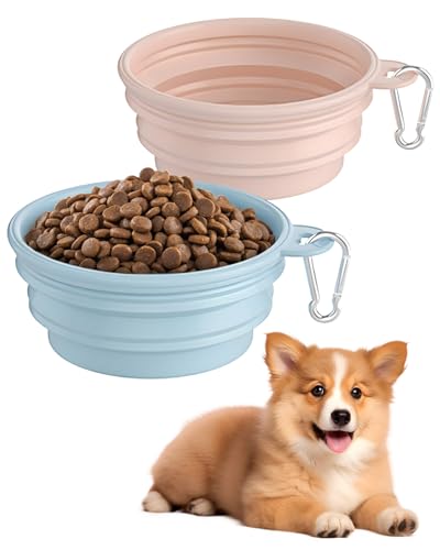 Faltbare Hundenäpfe aus Silikon, 2er Set, tragbare, auslaufsichere Reise-Näpfe mit Karabiner für Hunde und Katzen, ideal für Wasser und Futter, 650 ml, für Reisen im Freien, Pink und Blau von Rumicet