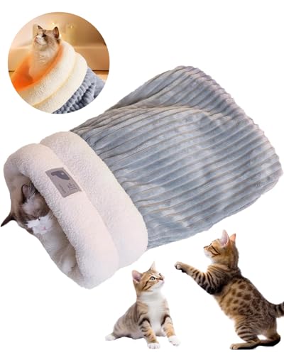 Katzen Schlafsack, Winter Schlafsack für Katzen, Bequemer Pet Schlafsack für Innenkatzen und kleine Hunde, Gemütliches Katzenbett, Weicher Plüsch, Größe M (44 * 37cm), Grau-Blau von Rumicet