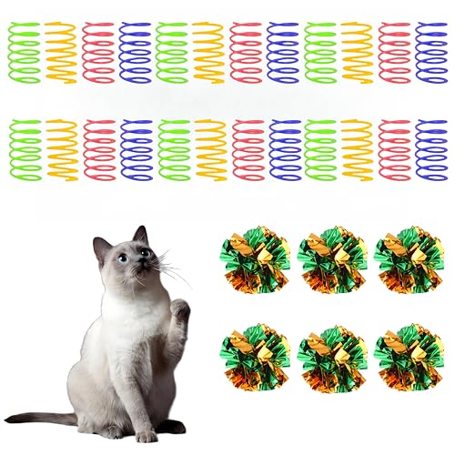 Runske 30-teiliges Katzenspielzeug-Set, Katzen-Federspielzeug und Knisterbälle für Katzen, Kätzchen, Spielzeug zum Schlagen, Beißen, Jagen und aktives, gesundes Spielen, interaktives Spielzeug von Runske