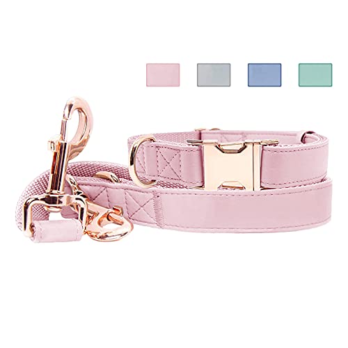 Hundehalsband und Leine aus weichem Leder (17.8 cm) – stilvolle rotgoldene robuste Metallschnalle, mittelgroße und große Hunde – bequem und leicht zu reinigen (Pink, M (35.1 cm - 50 cm) von Runwing