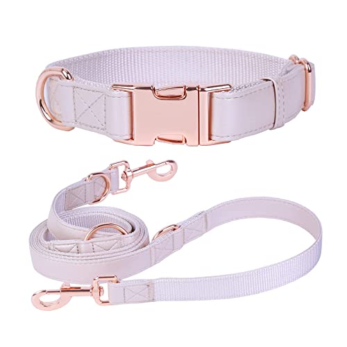 Weiches Leder-Hundehalsband und Leine (18 cm) Set – stilvolle rotgoldene robuste Metallschnalle, 4 verstellbare Längen Leine für kleine,30.5 cm), G. Altrosa von Runwing