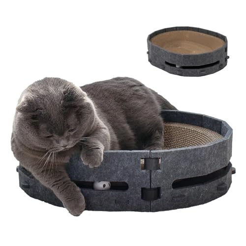 Kratzbretter Katze mit Glocken, 2 in 1 Ovales Katzenkratzbretter Schüssel Nest,Corrugated Lounge Kratzpappe für Katzen Bett, Katzen Kratzmöbel für Couch&Teppiche&Sofas, 46 x 36 x 11,3 cm von Rurunklee