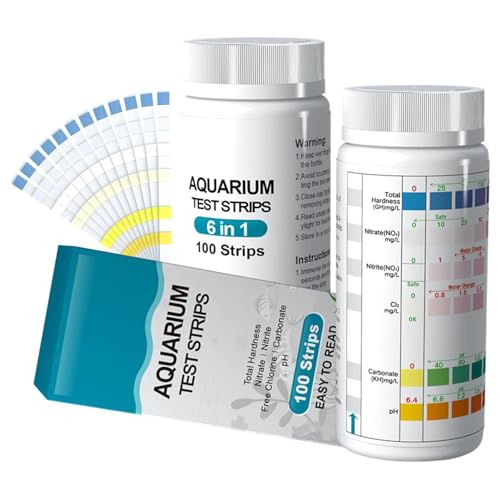 Rurunklee 6 in 1 Aquarium Teststreifen, 100 Streifen Aquarium Test Kit zum Testen von PH Nitrit Nitrat Chlor Allgemein Karbonathärte, genaue Salzwasser, Süßwasser Aquarium Wasserprüfung von Rurunklee