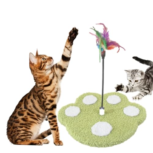 Ruwshuuk Feder-Katzenspielzeugstab – niedlicher Katzen-Teaser-Zauberstab mit Pfotenabdruck-Basis und Glocke, Federstab, lustiges interaktives Katzenspielzeug, Katzenspielzeug für Indoor-Katzen von Ruwshuuk