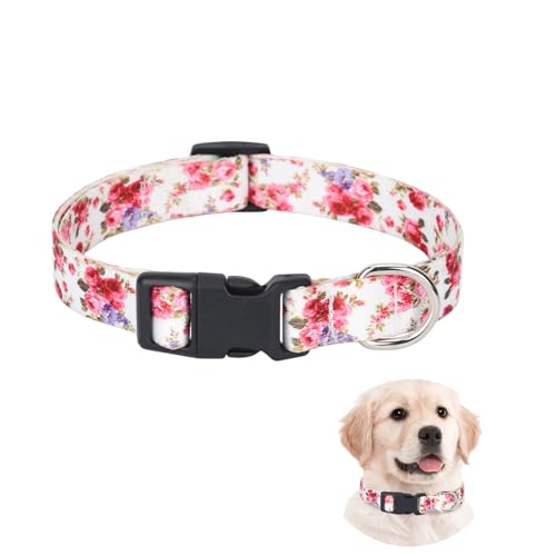 Hundehalsband für mittelgroße Hunde, mit Blumenmuster, verstellbares Terylen-Hundehalsband, weich, bequem, für kleine, mittelgroße Hunde, Aktivitäten drinnen und draußen (rosa Rose, M) von Rwoythk