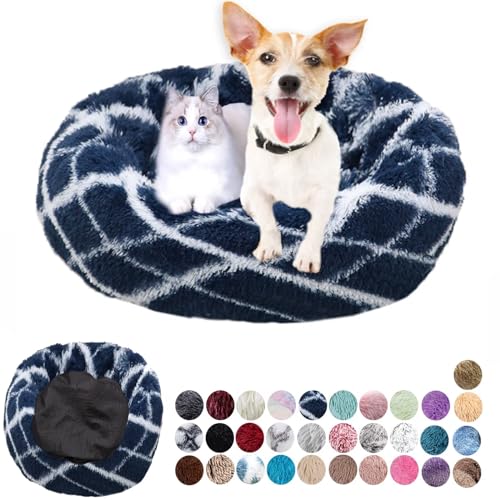 Ryanbem Hundebett Rund Plüsch Hundekissen Weich Warm Hundebetten Anti-Angst, Hundehütte Flauschig Kissen Hundebett Waschbar für Kleine, Mittelgroße, Große Hunde Weiß Marineblau 110cm von Ryanbem