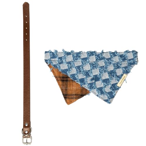 Ryexx Handgefertigtes Hundehalsband aus Leder mit blau-braunem Bandana-Lätzchen, 2-in-1, verstellbares Haustierhalsband mit stilvollem zweilagigem Design, weich und bequem, Zubehör für kleine, von Ryexx