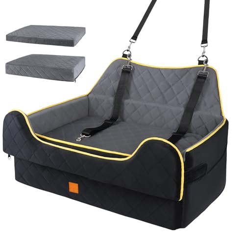 Hunde-Autositz groß und mittelgroß – Hundebett für Hunde unter 31,8 kg, Sicherheits-Memory-Foam, 2 Kissen, waschbar, großes Hundebett, Autositz, Hundesitz für Auto-Rücksitz, Gelb von Rykostex