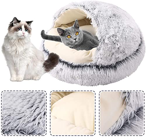 Ryoizen Katzenbett Flauschig Katzenhöhle Weich 2 in 1 Faltbar Weiches Plüsch Kuschelhöhle Katzenschlafsack Plüsch-Katzenbett (M, Dunkelgrau) von Ryoizen