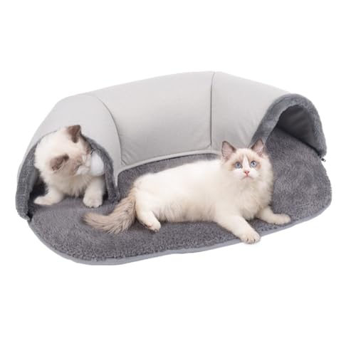 Ryoizen Katzentunnel Katzenbett 2 in 1 Plüsch Katzen Bett Spieltunnel mit hängendem Ballspielzeug,Faltbarer Cat Tunnel Spielteppich Geschenk für Katzen Hasen Kleine Haustiere,grau,66x45x17cm von Ryoizen