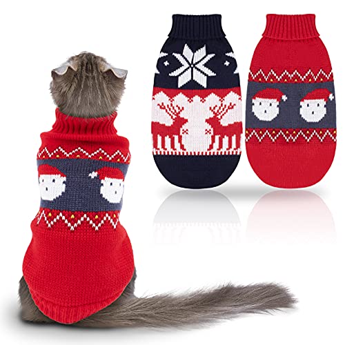 Rypet 2 Packungen Katze Weihnachtspullover - Welpe Weihnachtspullover Haustier Rollkragen Strickwaren mit Rentier Weihnachtsmann Muster Pullover für Kätzchen und kleine Hunde L von Rypet