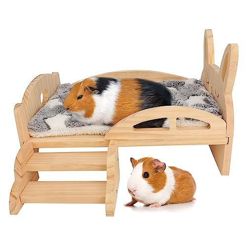 Rypet Meerschweinchenbett aus Holz mit Treppe und Matte, gemütliches Kleintier-Kissen, abnehmbar, für Meerschweinchen, Zwerg, Kaninchen, Chinchillas, Hamster, Frettchen von Rypet