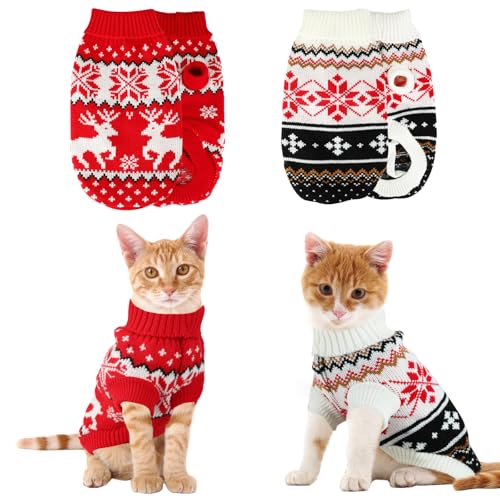 Rypet Weihnachtspullover für Katzen, Rollkragen, für kaltes Wetter, klassische Strickwaren, Rentier, Schneeflocke, Weihnachtspullover für Kätzchen und kleine Hunde, Größe L, 2 Packungen von Rypet