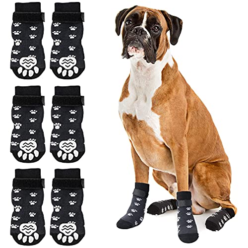 Rypet rutschfeste Hundesocken 3 Paar – Hundesocken mit Riemen, Traktionskontrolle für den Innenbereich auf Hartholz, Pfotenschutz für kleine, mittelgroße und große Hunde, Größe L von Rypet