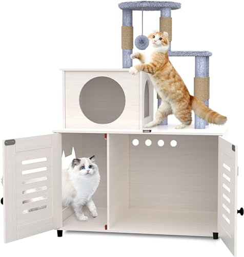 Katzenbaum mit Katzentoilettengehege, Katzenklo Gehege mit Kratzbaum und weicher Plüschsitzstange, Versteckte Katzen-Waschraummöbel mit Trennwand, All-in-One-Katzenschrank, Weiß von Ryvorbe