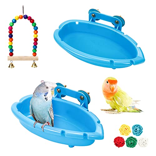 suruikei 2 Stück Vogelbadewanne für Käfig, Wellensittich Badewanne Vogel Dusche, Vogelkäfig Badewanne Zubehör mit Wellensittich Schaukel Und Rattan Bälle für Wellensittich Nymphensittich Sittich Fink von suruikei