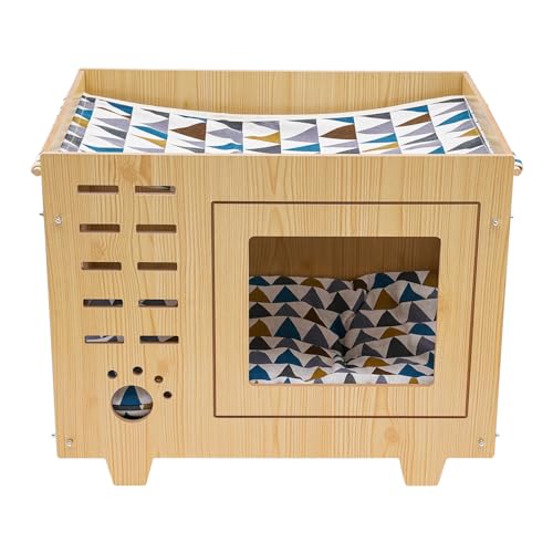 SABUIDDS Katzenbettaus Holz, Katzenhaus Katzenschlafplatz für Katzen 2 Etagen Sonnenterasse/Unterschlupf, Katzenbett Waschbar, 55 x 40 x 44cm, Beige von SABUIDDS