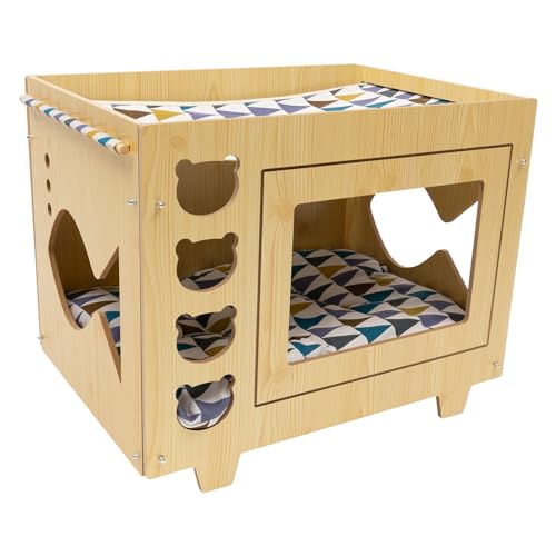 SABUIDDS Katzenhaus aus Holz, Katzenbett Katzenhaus Katzenschlafplatz für Katzen 2 Etagen Sonnenterasse/Unterschlupf, Katzenbett Waschbar, 55 x 40 x 44cm, Beige von SABUIDDS