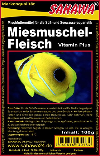 Fischfutter Frostfutter 100g Blister viele Sorten freie Auswahl für alle Zierfische und Marine Fische (MW) (Miesmuschelfleisch gehackt 100g Blister (MW)) von SAHAWA