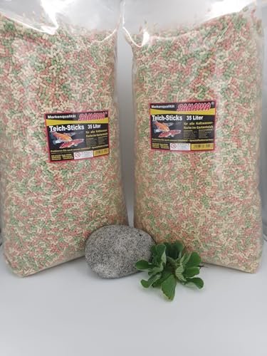 Teichsticks Teichfutter Sticks 3-Fach Mix 2 x 3,0 Kg (ca. 70 l) Beutel + Schmuckstein mit Muschelblume echte Teichpflanze Futter für alle Teichfische Goldfischfutter Koifutter Sahawa von SAHAWA