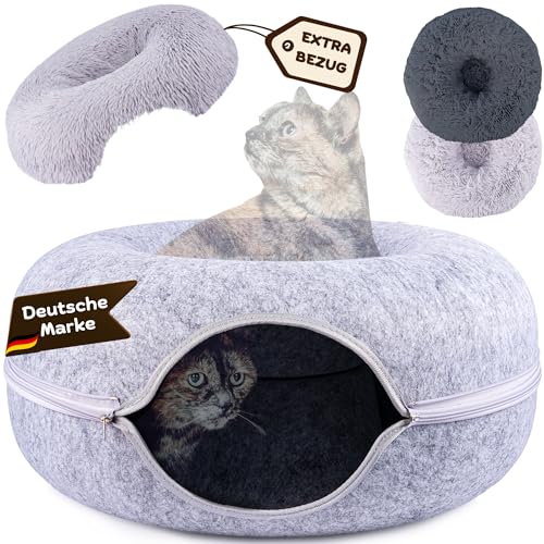 Samtkönig® Katzenhöhle, Katzenbett flauschig, Katzen Donut Tunnel, Katzentunnel aus Filz mit waschbarem Kissen Bezug, Katzenkörbchen als Schlafplatz, Kuschelbett & große Kuschelhöhle 60x60x30cm von SAMTKÖNIG