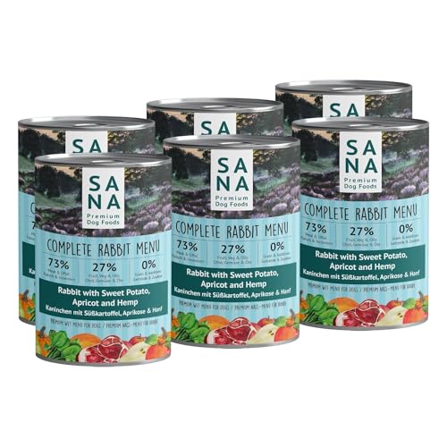 SANA Premium Dog Foods I Nass-Menüs I hoher Fleischanteil, getreidefrei I Verschiedene Sorten und Größen (12 x 400g Dosen, Kaninchen mit Süßkartoffel, Aprikose & Hanf) von SANA Premium Dog Foods