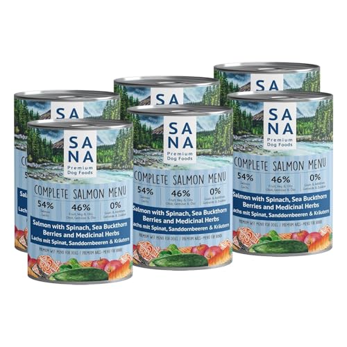 SANA Premium Dog Foods I Nass-Menüs I hoher Fleischanteil, getreidefrei I Verschiedene Sorten und Größen (12 x 400g Dosen, Lachs mit Spinat, Sanddornbeeren & Kräutern) von SANA Premium Dog Foods